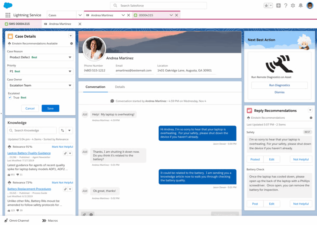 A customer service dashboard uses AI Ticket Routing to display a case about a laptop overheating, with agent and customer chat, customer details, product info, knowledge articles, and reply suggestions for resolving the issue.