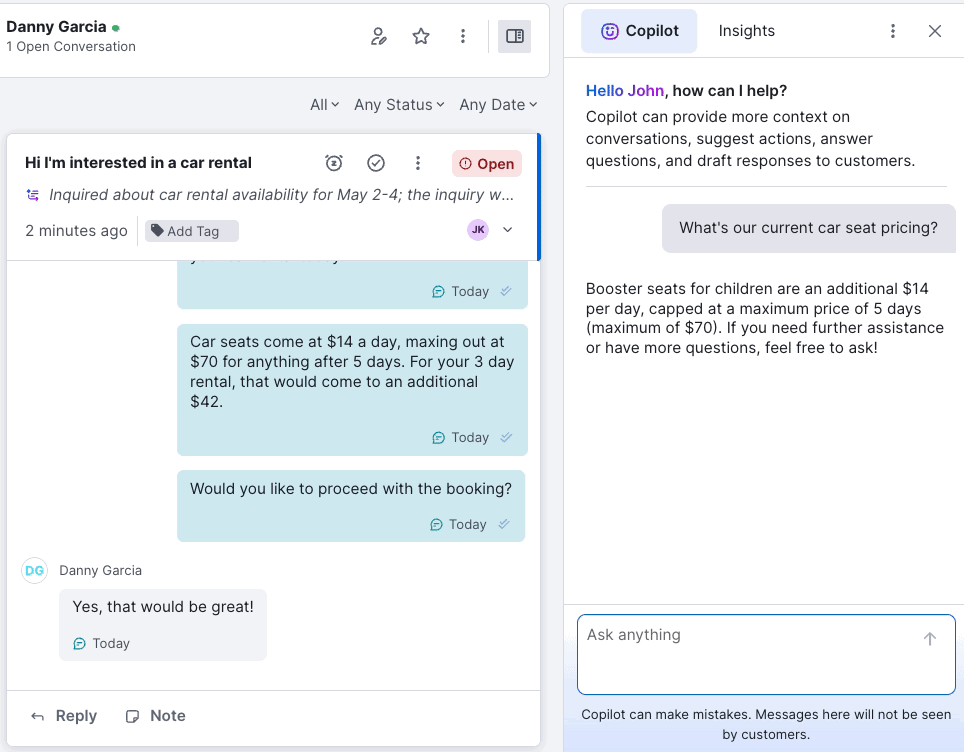 A customer service chat interface displays a conversation about renting a car with child car seats. On the right, an AI sidebar suggests responses and even offers newsletter-style updates on car seat pricing for the user to share with the customer.