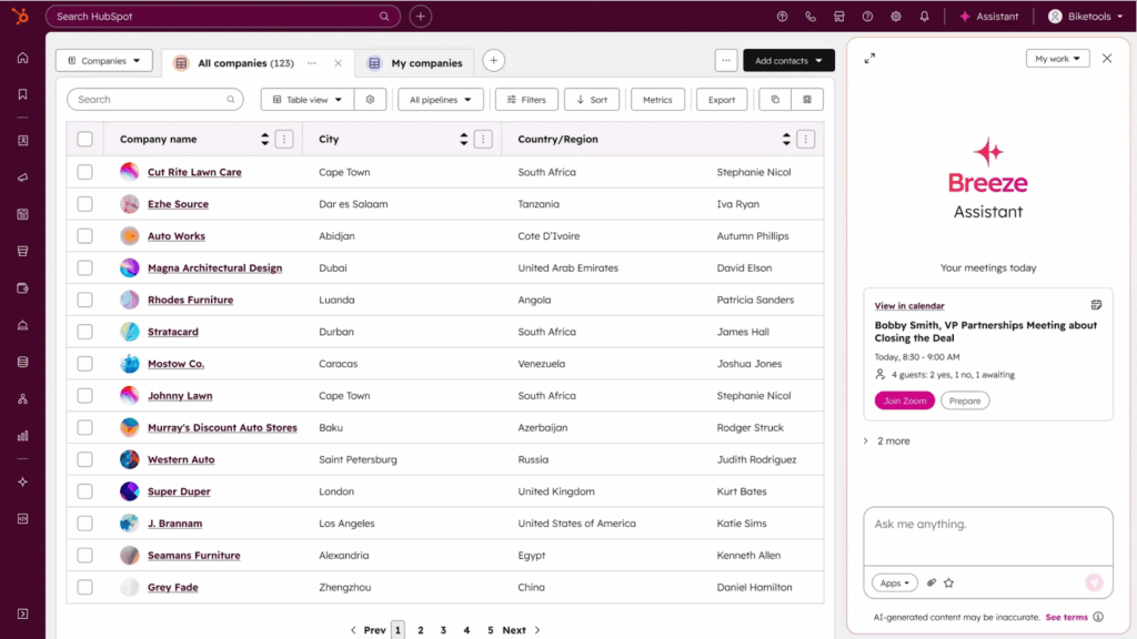 A CRM dashboard displays a list of companies with details like city, country/region, and contacts. On the right, a Breeze Assistant chat panel suggests a partnership meeting—ideal content for your Blog or Newsletter.