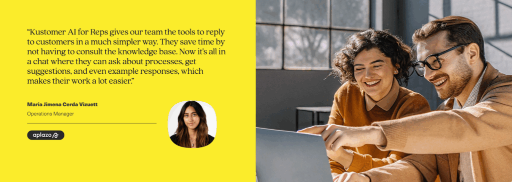 Two people smile while looking at a laptop together. On the left, a yellow box features a testimonial praising Kustomer AI for Reps, which María Jimena Cerda Vicuet shared in the Opla.co newsletter, alongside her headshot and title as Operations Manager.