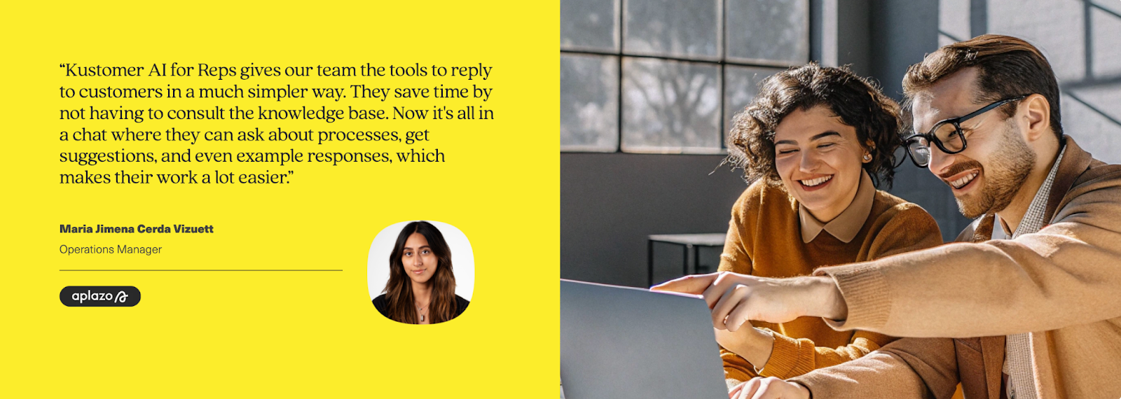 Two people smile while looking at a laptop together. On the left, a yellow box features a testimonial praising Kustomer AI for Reps, which María Jimena Cerda Vicuet shared in the Opla.co newsletter, alongside her headshot and title as Operations Manager.