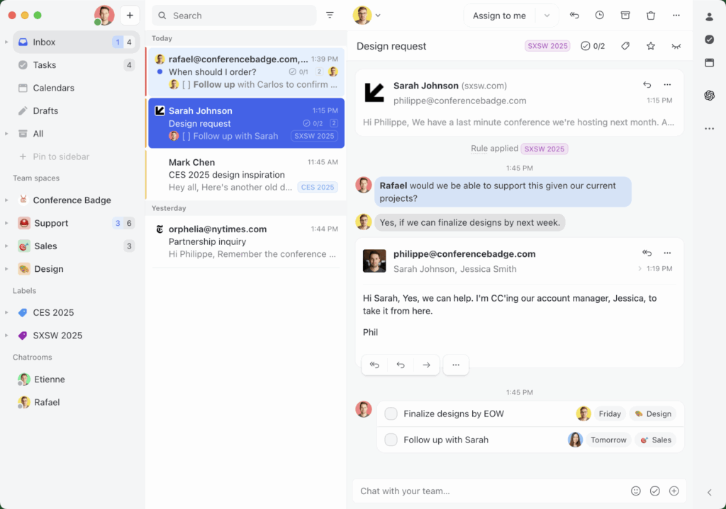 A desktop email and messaging app shows a conversation about a design request, with messages exchanged among team members. The left sidebar lists folders and projects, while the main screen displays the chat, related tasks, and a newsletter discussion.
