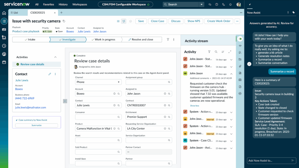 A ServiceNow dashboard shows a case about a security camera issue, displaying case details, investigation workflow, comments, and an AI-powered assistant panel with summarized information—perfect content for a Blog Newsletter using GAETANO's Block Editor.