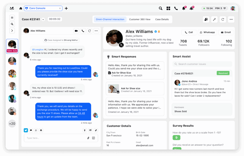 A customer support dashboard shows a chat with Alex Williams, case details, customer info, order history, and various contact options—including email, chat, WhatsApp, Instagram—plus quick access to Blog posts or send updates via Newsletter.