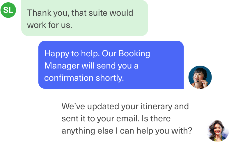 A chat conversation between three people using Customer Service Automation Software: one confirms a suite booking, another replies that a confirmation will be sent, and the third updates the itinerary and asks if further help is needed.