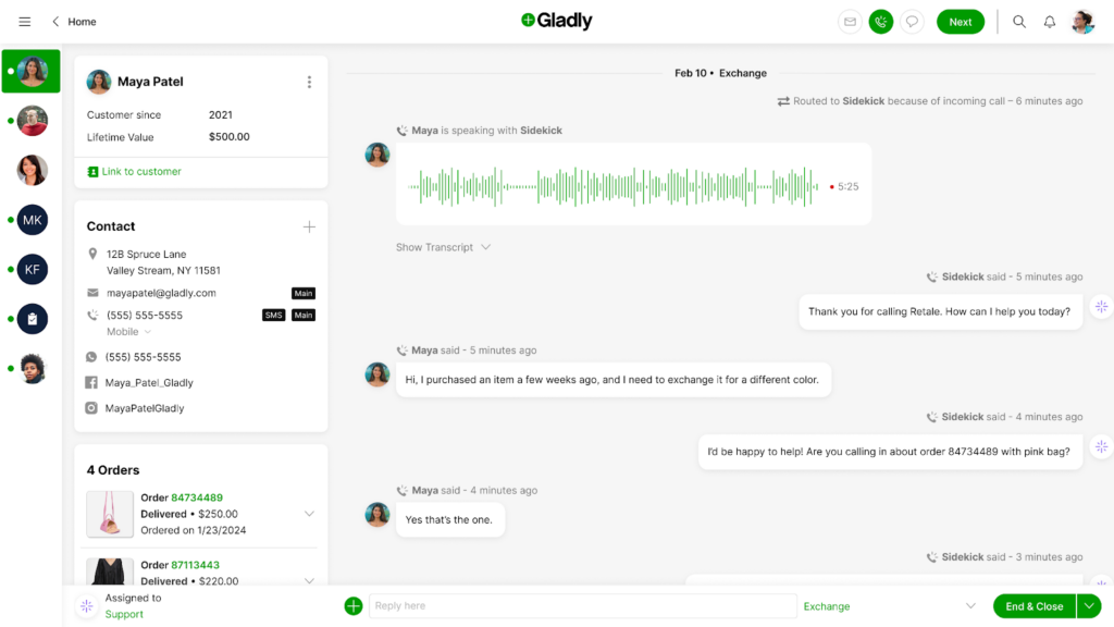 A customer service chat interface shows a conversation about exchanging an item. On the left, customer and order details are visible. In the center, a chat with text and a voice message is displayed—perfect for adding updates to your blog or newsletter.
