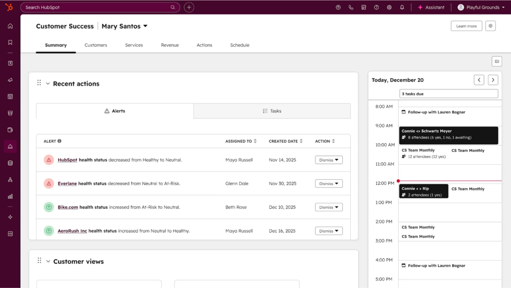 A dashboard displays recent customer actions, alerts, task lists, and a sidebar with a detailed daily schedule—seamlessly integrated with Customer Service Automation Software to show specific actions, health statuses, user names, and timestamps.