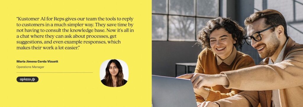 Two people sit together smiling while looking at a laptop. On the left, a testimonial about Kustomer AI for Reps is displayed alongside a photo of María Jimena Cerda Vicueti, Operations Manager at Oplazo—perfect for your newsletter or blog feature.
