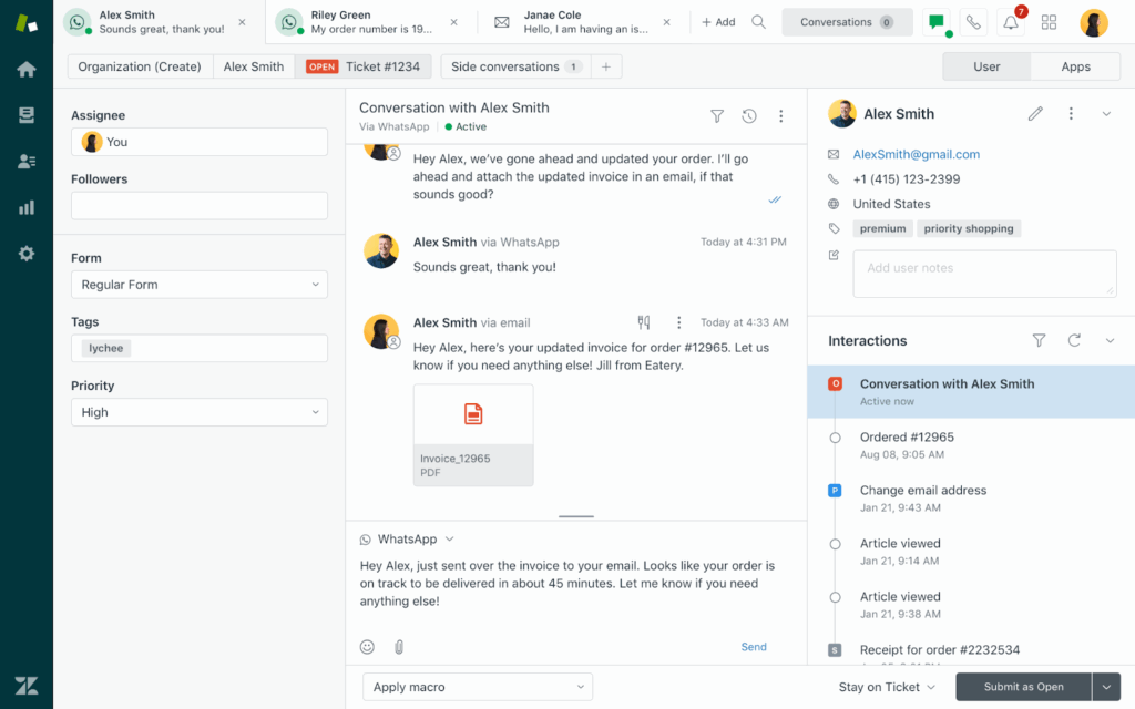 A customer support dashboard shows a conversation with Alex Smith via WhatsApp and email, discussing an order update and sharing an invoice. The interface includes ticket details, assignee, tags, interaction history, and a Block Editor for drafting replies.