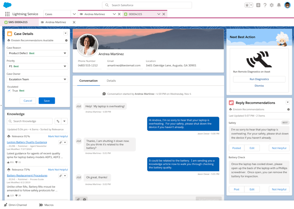 A Salesforce Service Console screen shows a customer case for Andrea Martinez. It displays her profile, chat conversation about a laptop overheating, knowledge articles, and AI-recommended responses—ideal content inspiration for your next newsletter or blog.