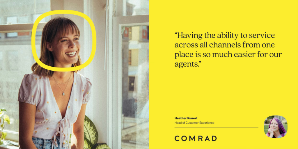 A smiling woman standing indoors is highlighted with a yellow circle. Next to her is a quote about customer service automation, attributed to Heather Kinert, Head of Customer Experience at Comrad. The background is yellow.