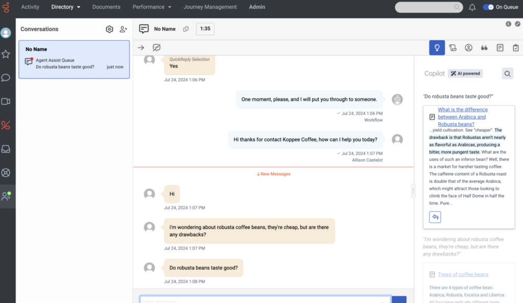 A customer service chat interface shows a conversation about robusta coffee beans. The agent asks if there are drawbacks to robusta beans, while a copilot sidebar displays blog search results on taste and benefits—perfect for newsletter or block editor content.