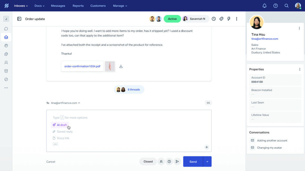 A customer support chat interface powered by AI Copilots for Support Teams displays an order update message with a PDF attachment, user profile details on the right, and a response box at the bottom ready for a reply.
