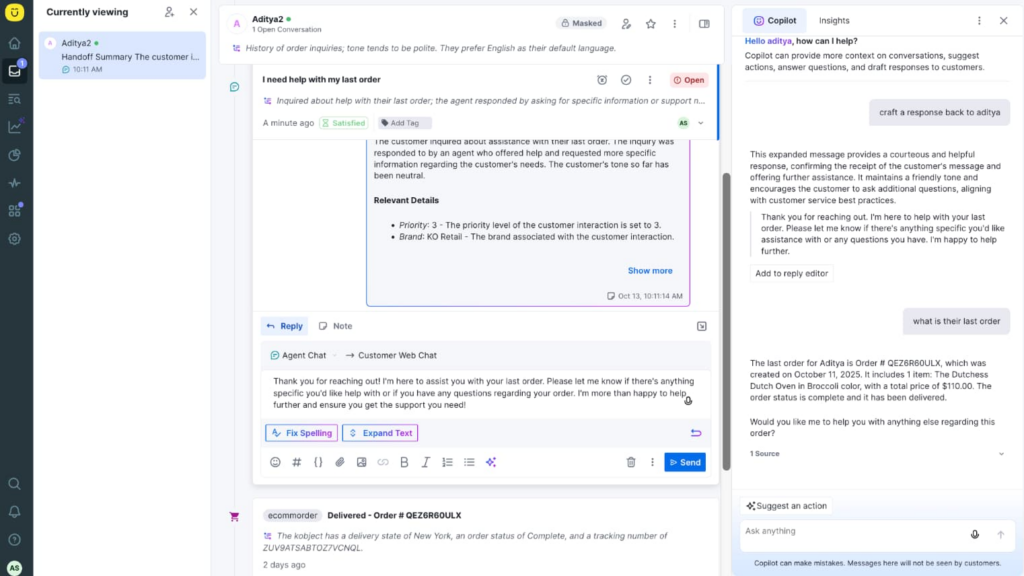 A computer screen displays a customer service chat interface with an ongoing conversation, showing agent and customer messages, chat controls, ticket information on the right sidebar, and AI Copilots for Support Teams assisting the interaction.