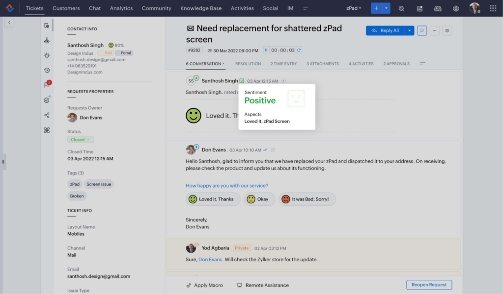A customer support dashboard powered by AI Copilots for Support Teams shows a conversation about replacing a shattered iPad screen. The screen highlights feedback labeled as “Positive” with a green smiley face and options like “Loved it” and “Okay.”.