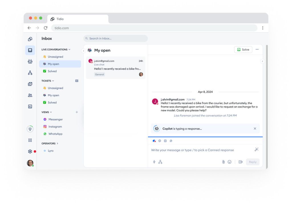 A customer support dashboard shows an open email inquiry about a delayed parcel. The interface displays conversation threads, ticket status, and reply options, with a message box indicating AI Copilots for Support Teams are typing a response.